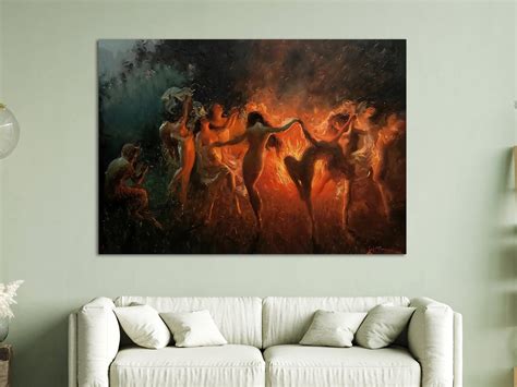 Nude Nymphs Dancing To Pans Flute Around The Fire By Joseph Tomanek Witches Magic Canvas