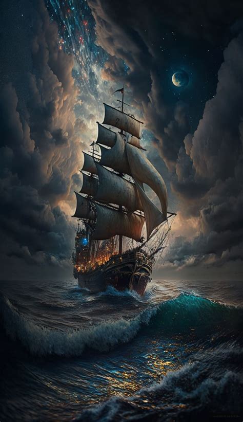 Корабль, шторм, луна, заездный путь | Paesaggi, Sfondi, Pittura per ...