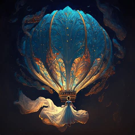 Premium AI Image A Woman In A Blue Dress Is Flying On A Hot Air Balloon