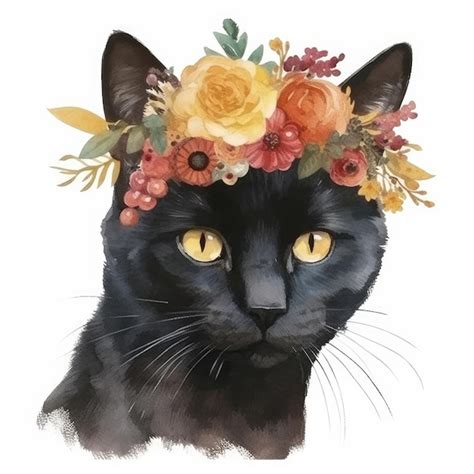 Premium AI Image | A black cat with a flower crown