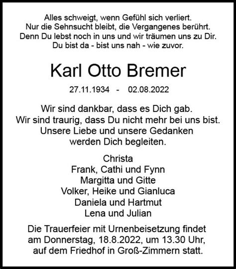 Traueranzeigen Von Karl Otto Bremer Vrm Trauer De