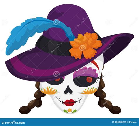 Catrina Skull With Braids Elegant Hat And Mischievous Stare Vector