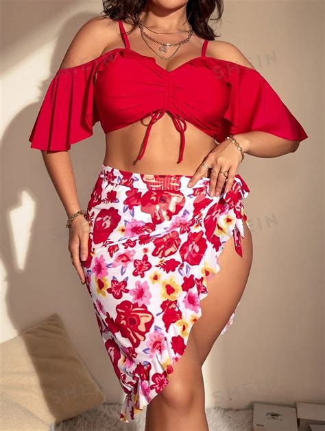 Shein Swim Curve Taglie Forti Set Bikini Con Stampa Floreale Top Con Spalle Scoperte Volant