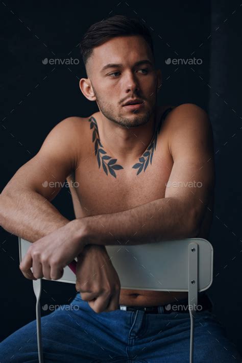 Modelling Snapshots Pensive Serious Tanned Attractive Handsome Naked Man Sit On Chair Smoking