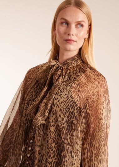 Blue Vanilla Brown Leopard Print Pussy Bow Frill Shirt Dress Matalan