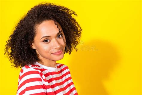 Photo Of Brunette Pretty Lady Near Promo Wear Red T Shirt Isolated On Vivid Yellow Color