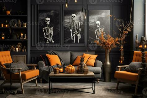 Orange Toned Living Room Interior With Halloween Decorations