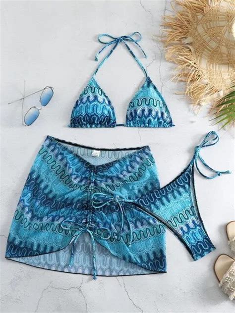 3 Pieces Bikini Set With Skirt Tie Dye String Thong Bathing Suit Women