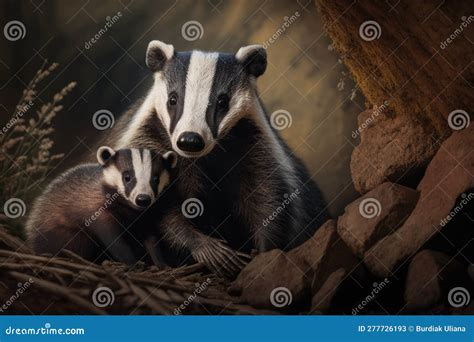 Badger with Cub in Natural Habitat. Generative AI Stock Illustration ...