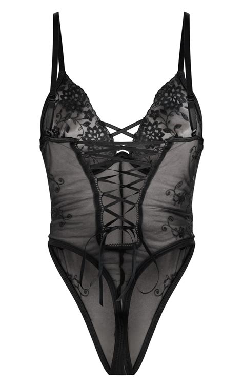 Body de lingerie dentelle fleurie noire brodée à lacets armatures PrettyLittleThing FR