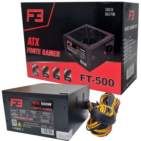 Fonte F3 ATX 500W 80 Plus com cabo de força - F3 Acessórios