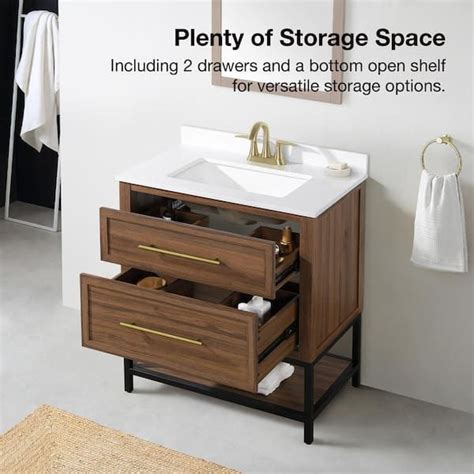 A Bathroom Vanity With Two Drawers And A Storage Shelf For Towels