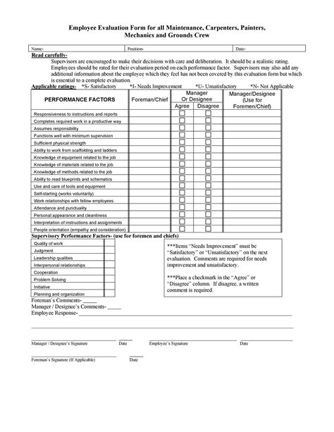 Maintenance Employee Evaluation Template Tutoreorg Master Of Documents