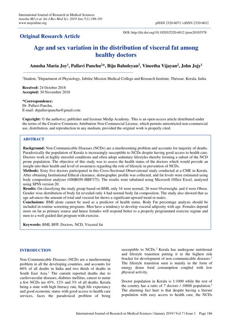 Pdf Age And Sex Variation In The Distribution Of Visceral Fat Among Healthy Doctors