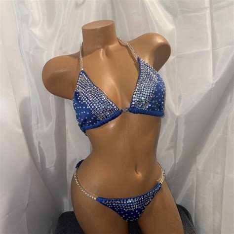 Competition NPC Bikini Posing Suit Royal Blue HOLOGRAM B CUP Small Bottoms EBay