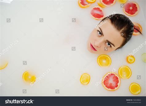 Sexy Brunette Girl Bathroom Milk Fruits Stock Photo 766548862 Shutterstock
