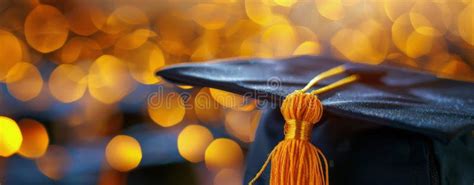 Graduation Cap With Orange Tassel Against Bokeh Background Stock Photo
