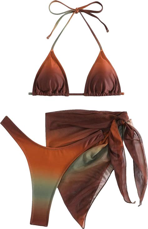 Gorglitter Women S Piece Swimsuits Triangle Bikini Set With Mesh Cover Up Beach Skirt At