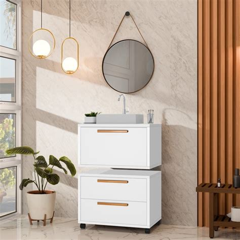 Gabinete De Banheiro 60cm Com Cuba - Conjunto Gabinete para Banheiro com Rodizio, com Cuba de sobrepor e ...
