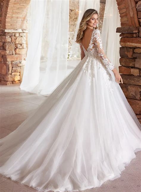 Long Sleeves Ball Gown Lace Wedding Dresses With Romantic Tulle Missacc