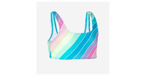 Olaian Bikini Oberteil Mädchen Bustier 500 Lana Rainbow Stripes türkis