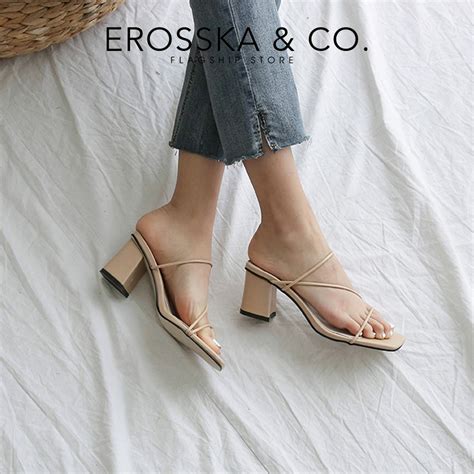 Mua Dép cao gót Erosska mũi vuông phối dây Hàn Quốc cao cm màu nude EM hàng chính hãng
