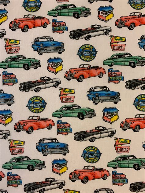 Vintage Chevy Cars Bty Cotton Fabric 1950s Corvette Bel Air Chevrolet