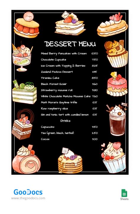 Free Black Dessert Menu Template In Google Sheets