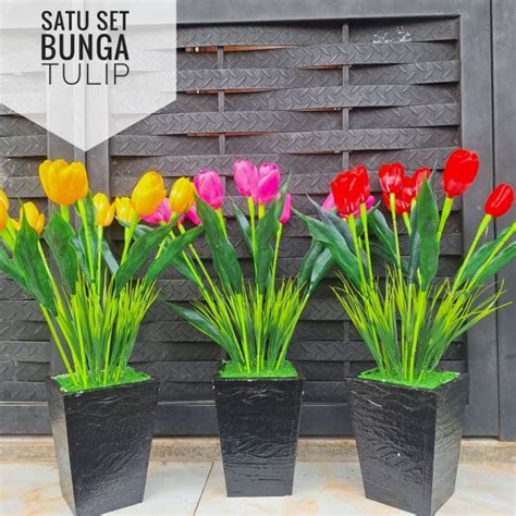 jual satu set bunga tulip  pot kayu bunga artificial bunga plastik