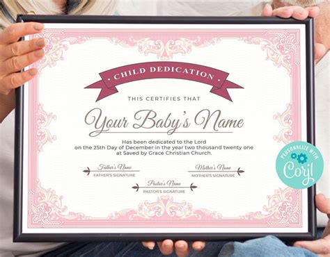 Editable Pink Baby Dedication Certificate Template Girl Baby