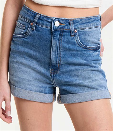 Short Hot Pants Cintura Alta Em Jeans Barra Dobrada Azul