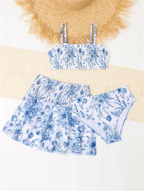 Shein Conjunto De Mai Bikini Estampado De Flores Tr S Pe As Para Menina Pr Adolescente
