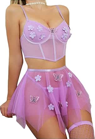 Amazon Wdirara Women S Floral Mesh Lingerie Set Sheer Bow Front Lingerie With Mini Skirt