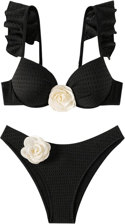 Amazon SHENHE Women S Push Up Swimsuit D Flower High Cut Ruffle Trim Textured Bikini Set