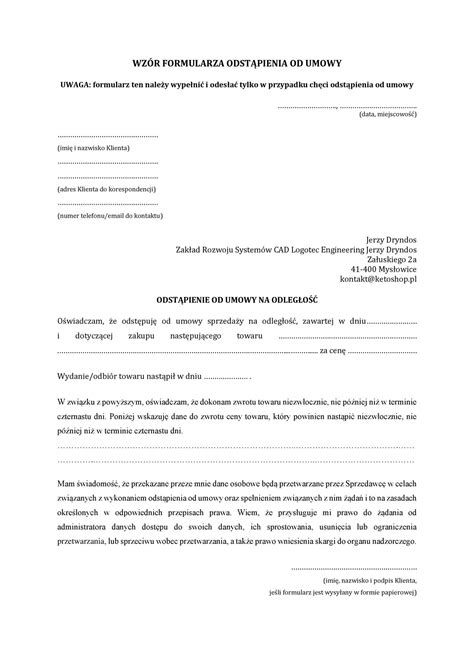 WZÓR FORMULARZA ODSTĄPIENIA OD UMOWY pdf DocDroid