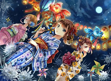 Night Festival Ribbon Yukata Fish Aqua Eyes Latern Anime Moon