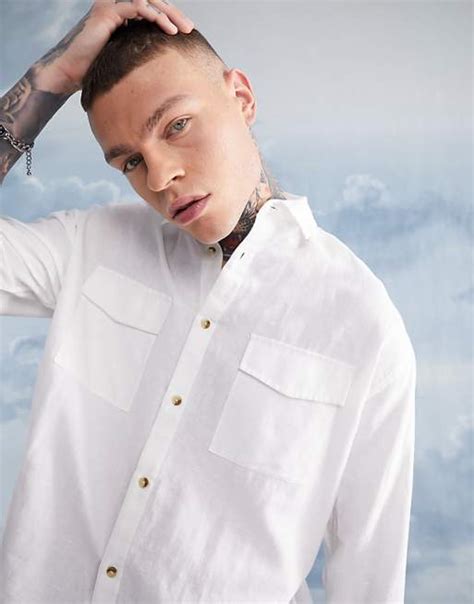 Asos Design Oversized Linen Shirt With Double Pockets In White Asos