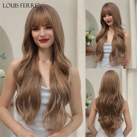 Louis Ferre Long Rose Blonde Synthetic Wig Natural Wave Wig With Bangs For Women Cosplay Party