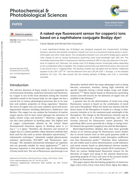 PDF Naked Eye Fluorescent Sensor For Copper II Ion Based On Naphthalene Conjugate BODIPY Dye