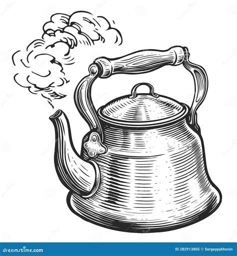 Boiling Kettle And Steam Sketch Vintage Illustration Stock