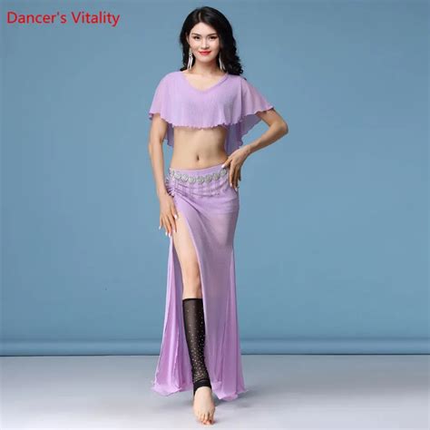 Women New Mesh Slit Belly Dance Dress Beginner Practice Costume Suit