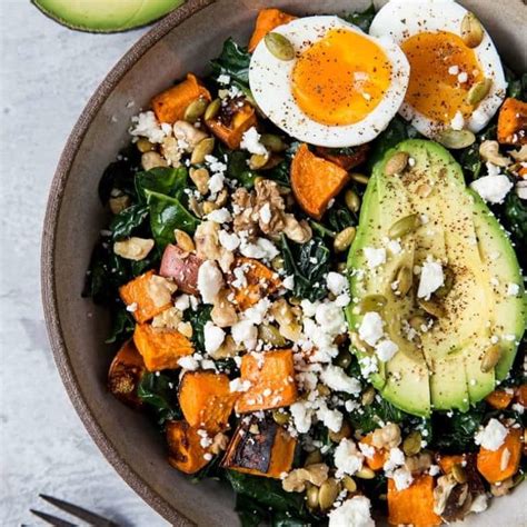 Roasted Sweet Potato Kale Salad With Avocado And Jammy Egg The Roasted Root