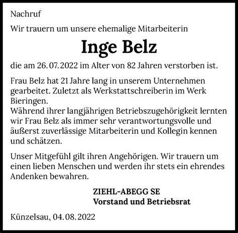 Traueranzeigen von Inge Belz | www.trauerundgedenken.de