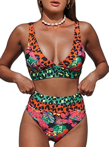 Hilinker Women S Leopard Bikini Swimsuits V Neck High Waisted Piece Bathing Suits Beachwear