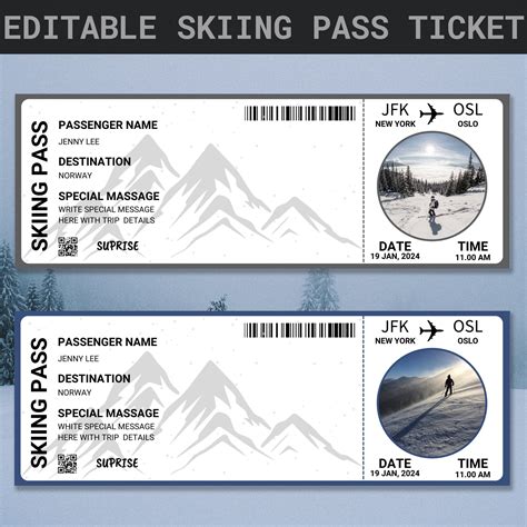 Editable Skiing Pass Ticket Template | Skiing Pass Ticket | Printable