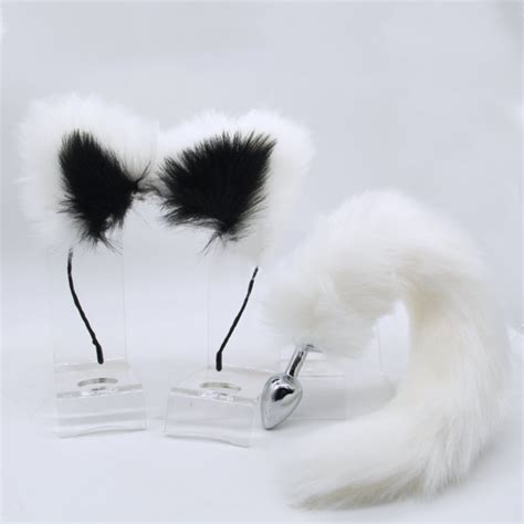 Anal Plug 2 Piece Set Butt Plug Tail Hair Hoop Sex Toys White