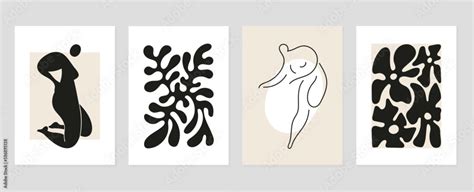 Set Of Abstract Cover Background Inspired By Matisse Nude Female Body Posture Coral Flower