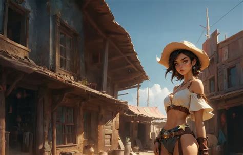 Wallpaper girl young brunette cute wild West AI Art for mobile and desktop section ии арт
