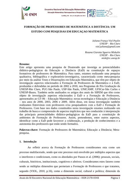 Pdf Forma O De Professores De Matem Tica A Dist Ncia Sbem Iuri