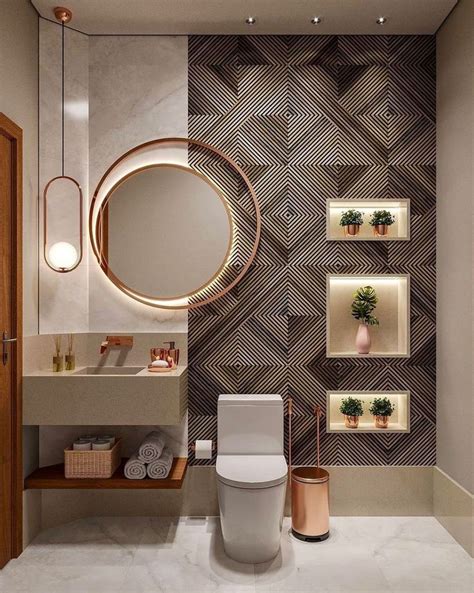 A Bathroom With A Round Mirror Above The Toilet And Shelves On The Wall